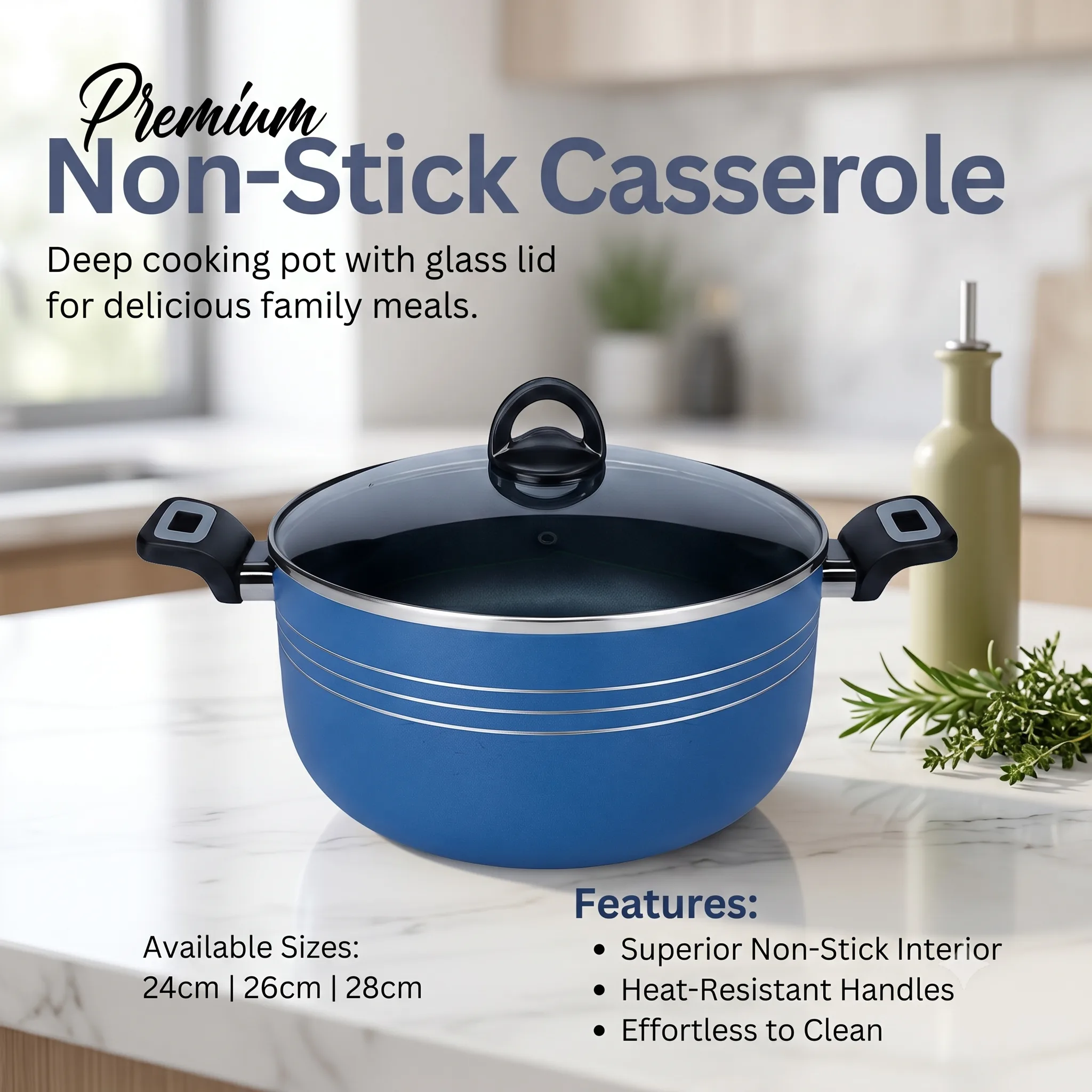 Premium Non-Stick Casserole Pot with Glass Lid - Image 3