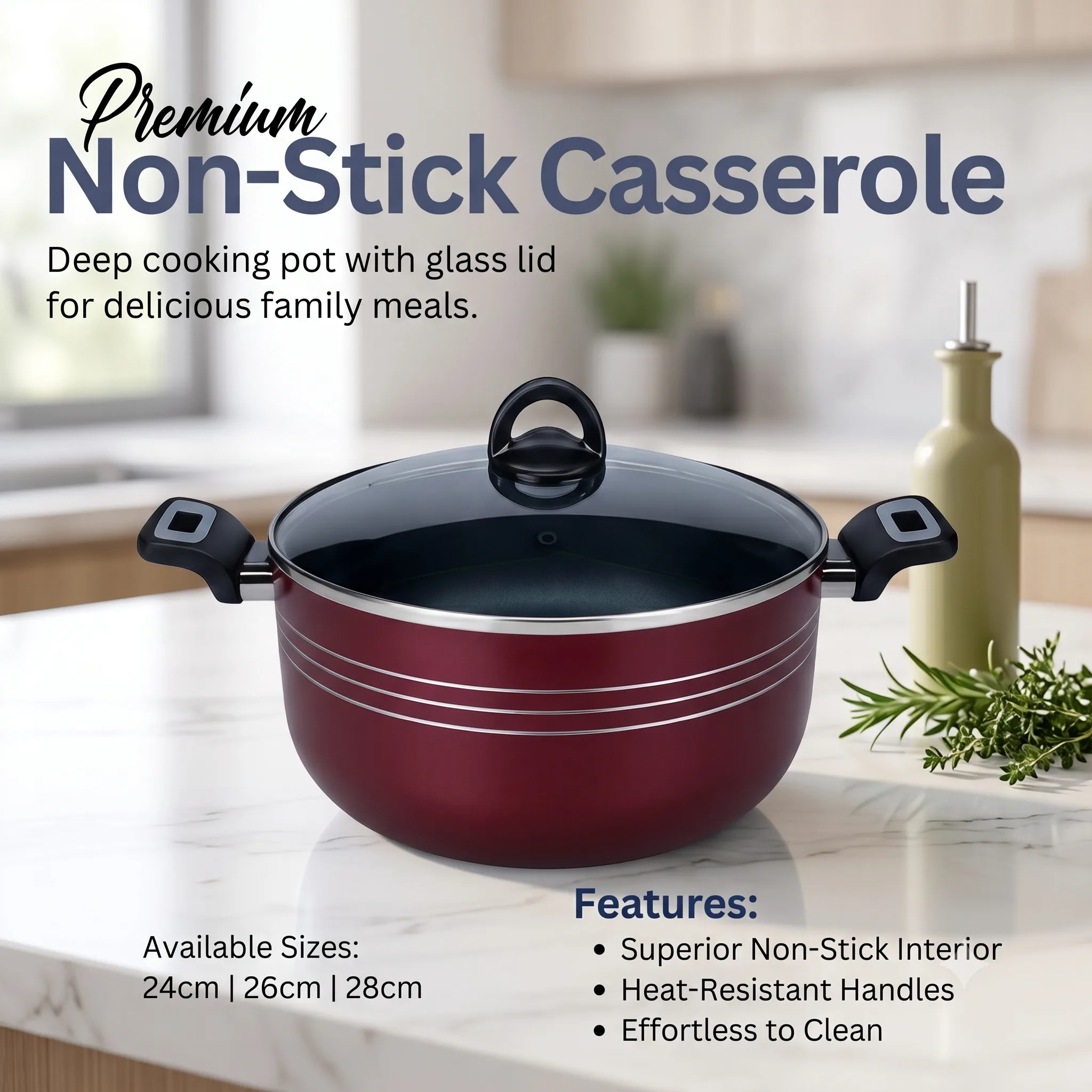 Premium Non-Stick Casserole Pot with Glass Lid - Image 2